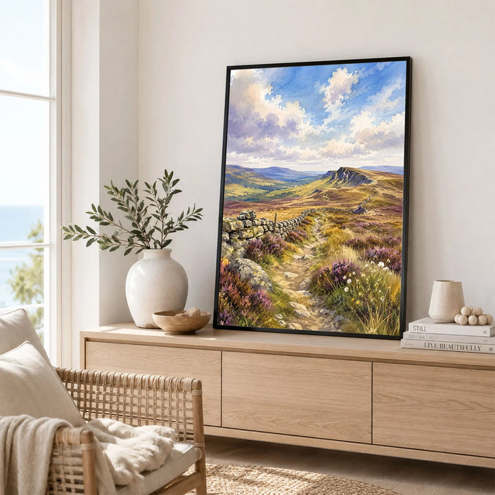 North Pennines moorland path and stone wall watercolour art print framed in a living room