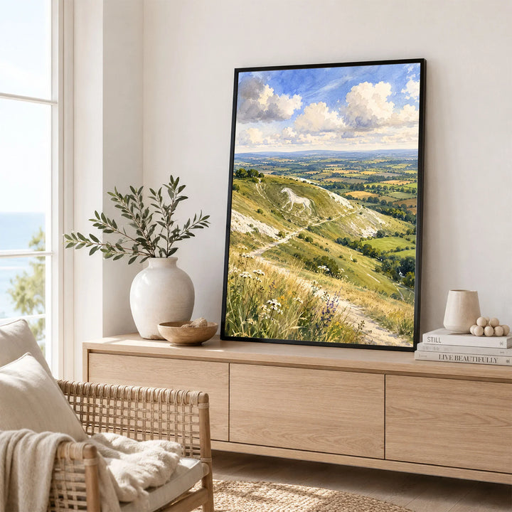 North Wessex Downs chalk white horse watercolour art print framed in a living room