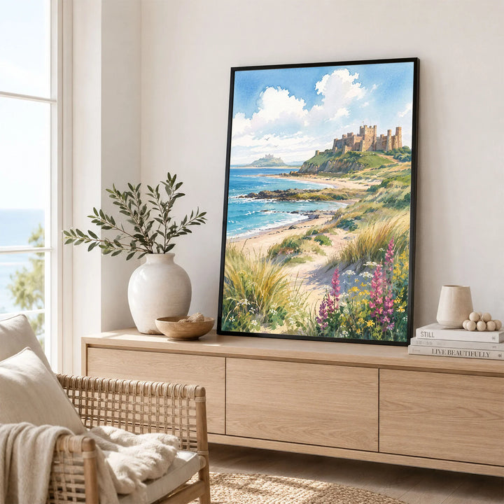 Northumberland Coast Bamburgh Castle and beach watercolour art print framed in a living room
