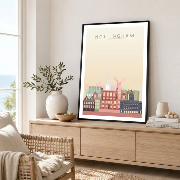 Nottingham city skyline art print framed in a living room