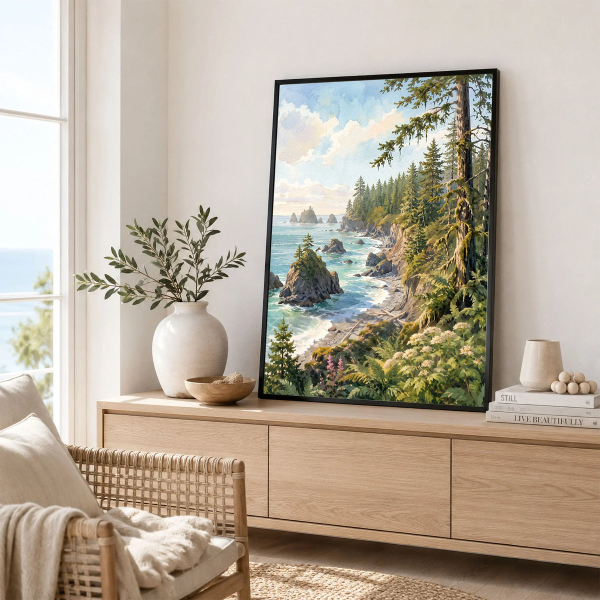 Olympic National Park rugged coast and sea stacks watercolour art print framed in a living room