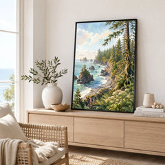Olympic National Park rugged coast and sea stacks watercolour art print framed in a living room
