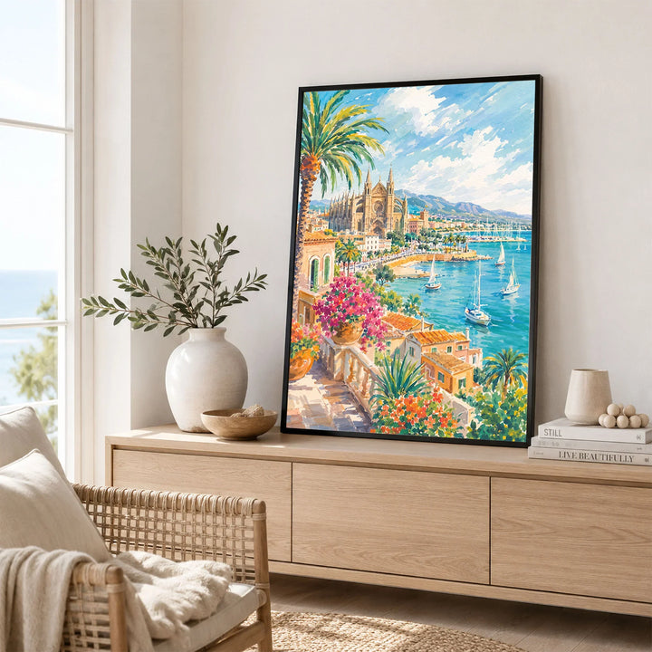 Palma La Seu cathedral and bay watercolour art print framed in a living room