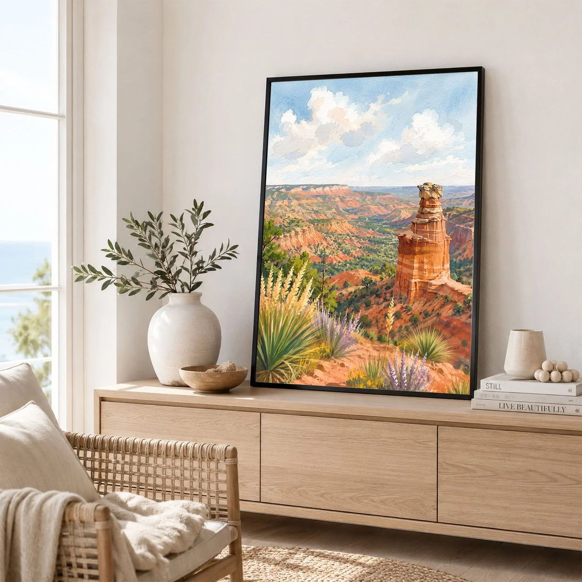 Palo Duro Canyon State Park Lighthouse rock formation watercolour art print framed in a living room
