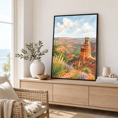 Palo Duro Canyon State Park Lighthouse rock formation watercolour art print framed in a living room