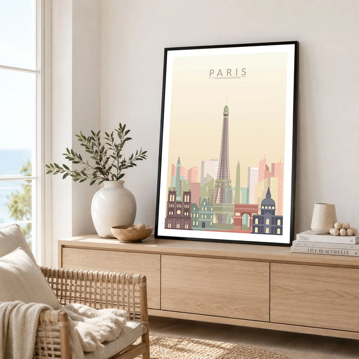 Paris city skyline art print framed in a living room