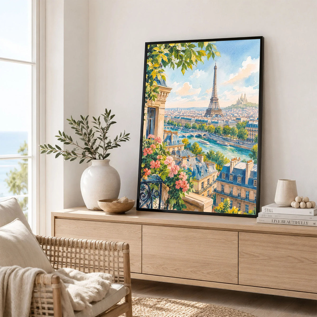 Paris Eiffel Tower and the Seine watercolour art print framed in a living room