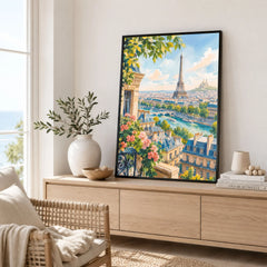 Paris Eiffel Tower and the Seine watercolour art print framed in a living room