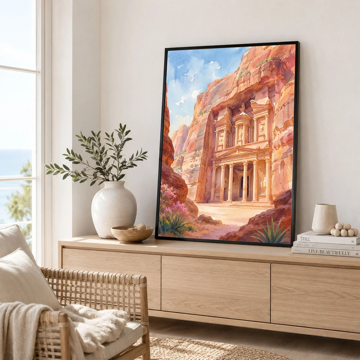 Petra Treasury in the rock watercolour art print framed in a living room