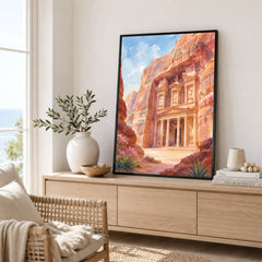 Petra Treasury in the rock watercolour art print framed in a living room