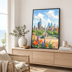 Philadelphia skyline and Ben Franklin Parkway watercolour art print framed in a living room