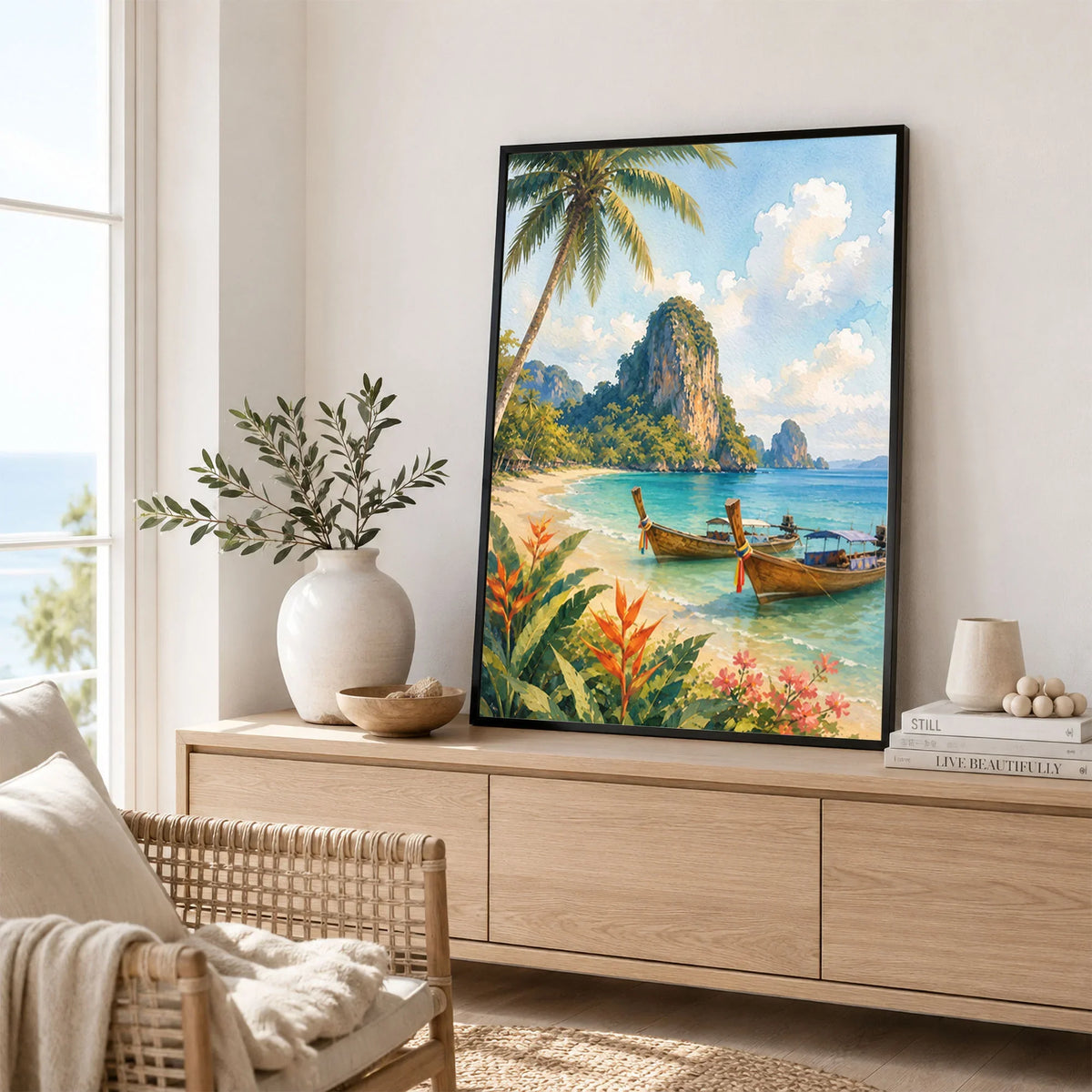 Phuket longtail boats and limestone cliffs watercolour art print framed in a living room