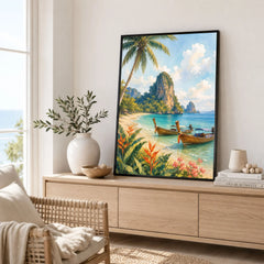 Phuket longtail boats and limestone cliffs watercolour art print framed in a living room