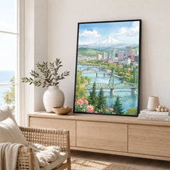 Portland Mount Hood and Willamette bridges watercolour art print framed in a living room