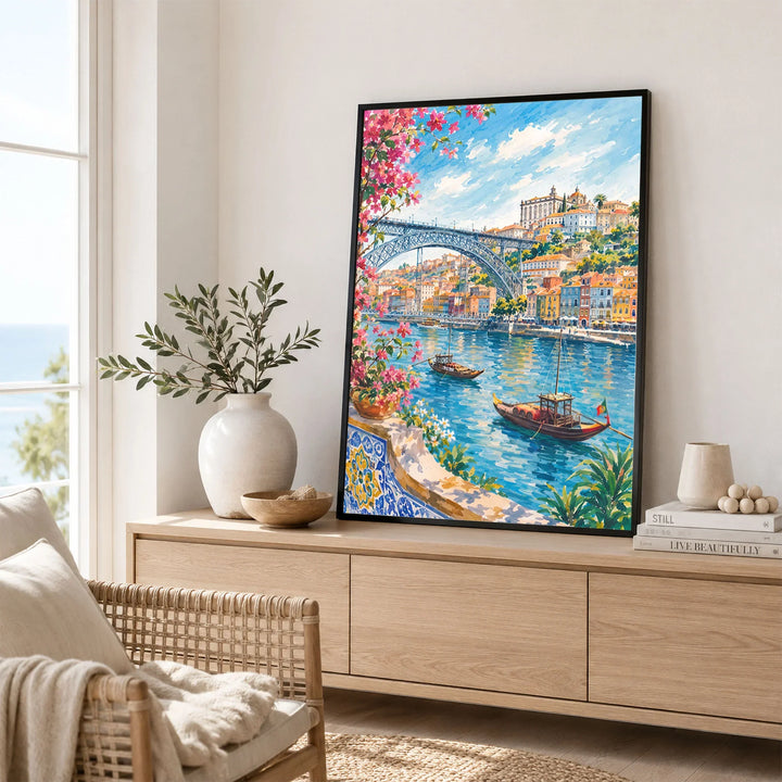 Porto Dom Luís I Bridge and rabelo boats watercolour art print framed in a living room