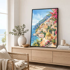 Positano cliffside village and church dome watercolour art print framed in a living room