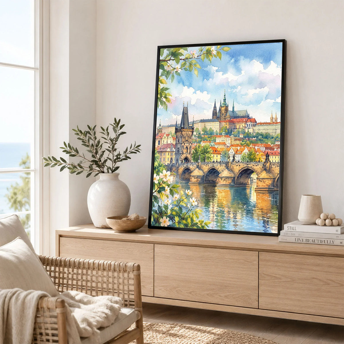 Prague Charles Bridge and Prague Castle watercolour art print framed in a living room