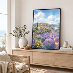 Provence lavender fields and hilltop village watercolour art print framed in a living room