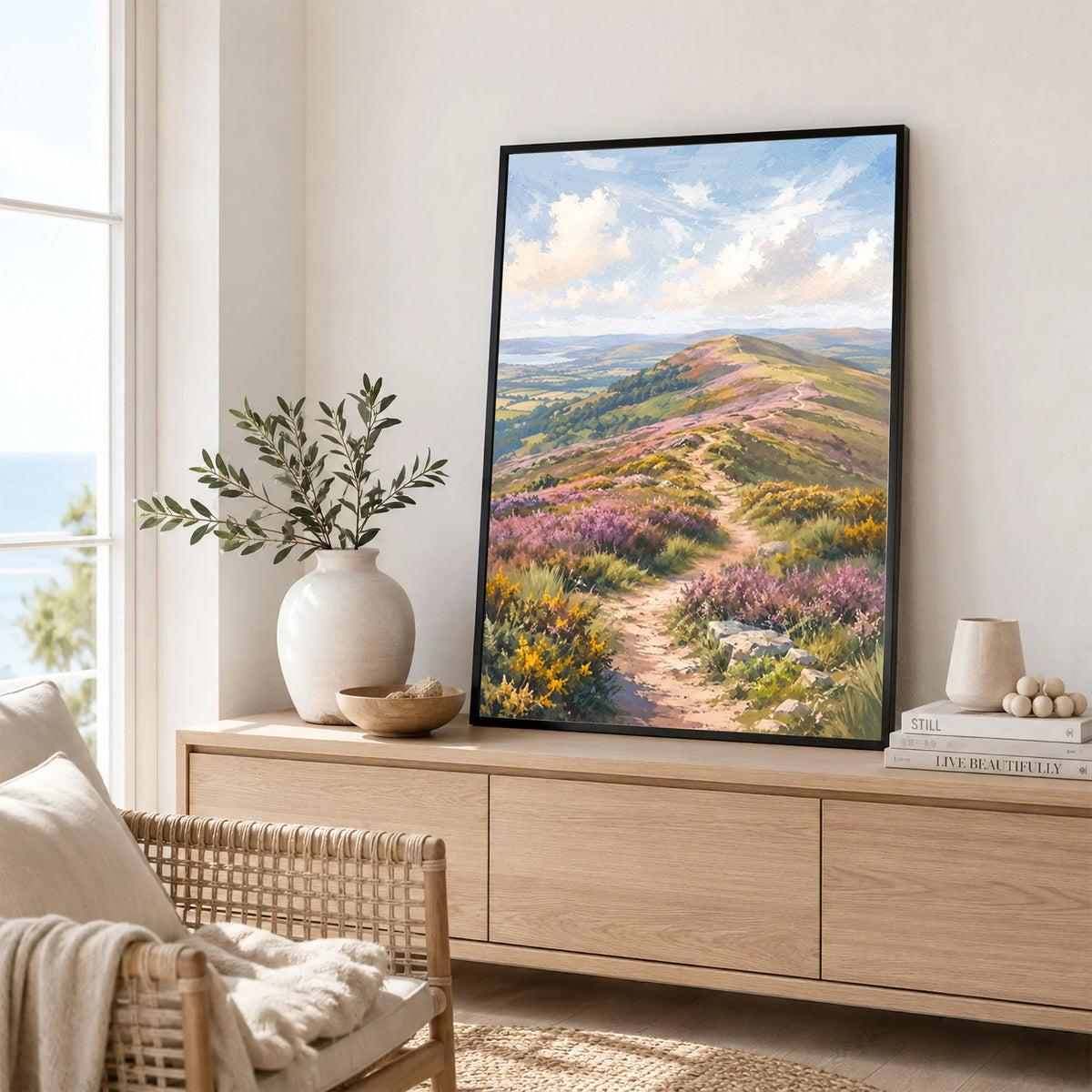 Quantock Hills heather hilltop path watercolour art print framed in a living room