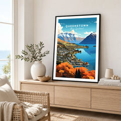 Queenstown New Zealand Lake Wakatipu in autumn vintage travel poster framed in a living room