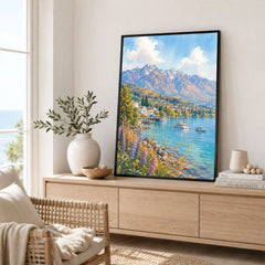 Queenstown Lake Wakatipu, Remarkables and lupins watercolour art print framed in a living room