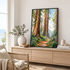Redwood National Park giant redwoods and forest trail watercolour art print framed in a living room