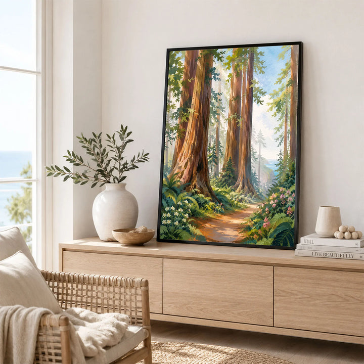 Redwood National Park giant redwoods and forest trail watercolour art print framed in a living room