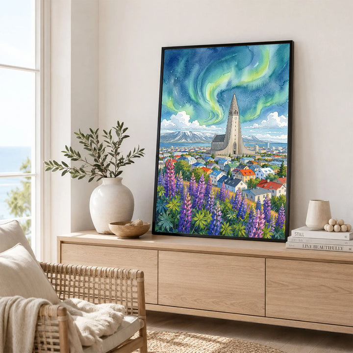 Reykjavik Hallgrímskirkja and northern lights watercolour art print framed in a living room