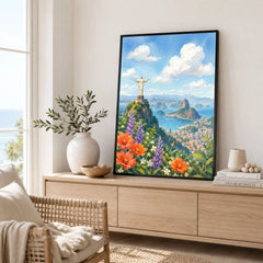 Rio de Janeiro Christ the Redeemer and Sugarloaf watercolour art print framed in a living room