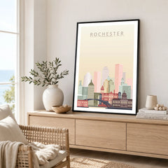 Rochester city skyline art print framed in a living room
