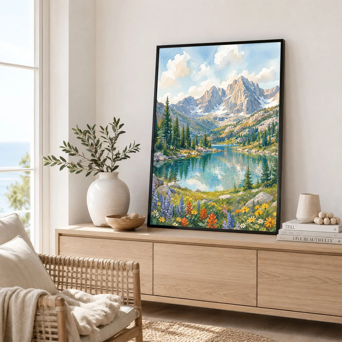 Rocky Mountain National Park alpine lake below rugged peaks watercolour art print framed in a living room