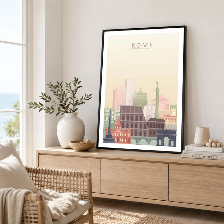 Rome city skyline art print framed in a living room