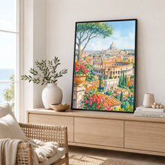 Rome Colosseum and St Peter's dome watercolour art print framed in a living room