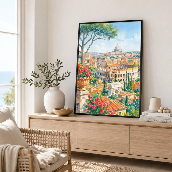 Rome Colosseum and St Peter's dome watercolour art print framed in a living room