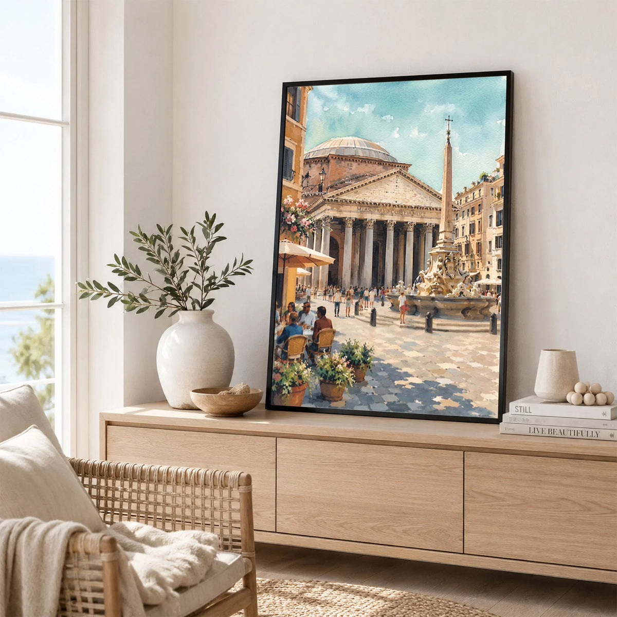 Rome Pantheon and piazza fountain watercolour art print framed in a living room