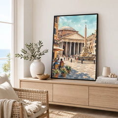 Rome Pantheon and piazza fountain watercolour art print framed in a living room