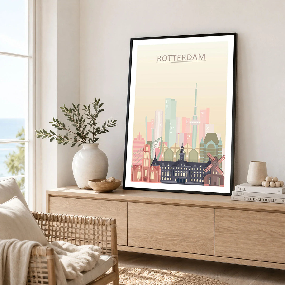 Rotterdam city skyline art print framed in a living room