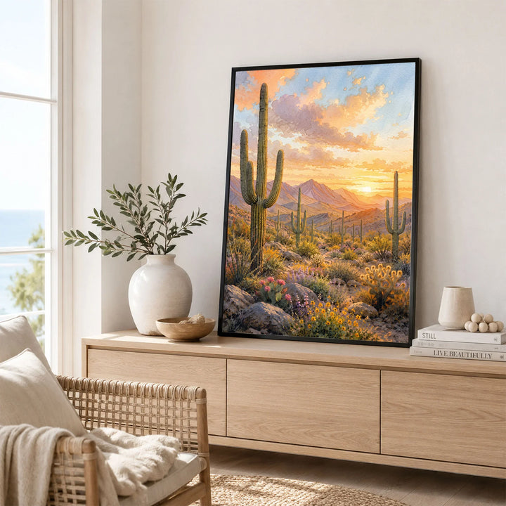 Saguaro National Park saguaro cacti at sunset watercolour art print framed in a living room