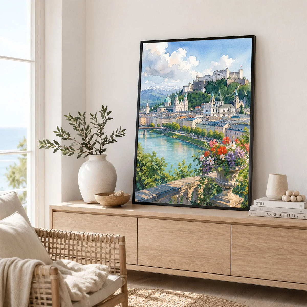 Salzburg Hohensalzburg fortress and old town watercolour art print framed in a living room
