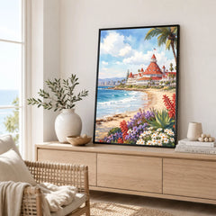San Diego Hotel del Coronado and beach watercolour art print framed in a living room