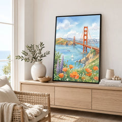 San Francisco Golden Gate Bridge and poppies watercolour art print framed in a living room