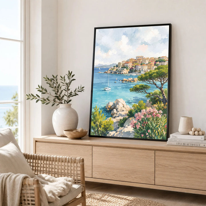 Sardinia turquoise coves and harbour town watercolour art print framed in a living room
