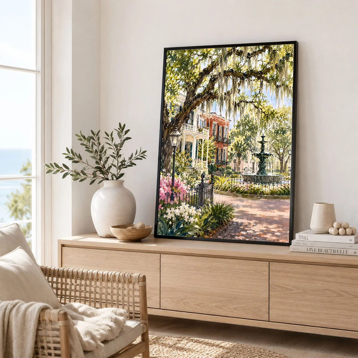 Savannah Spanish moss oaks and park fountain watercolour art print framed in a living room