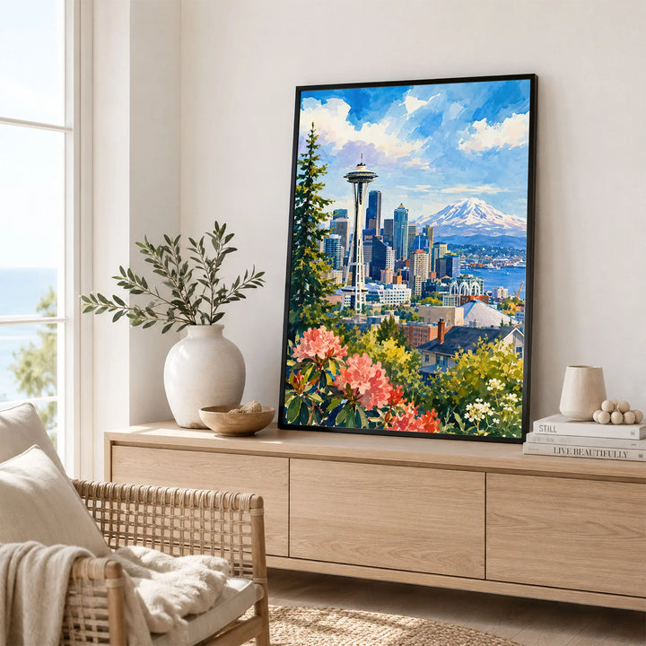 Seattle Space Needle and Mount Rainier watercolour art print framed in a living room