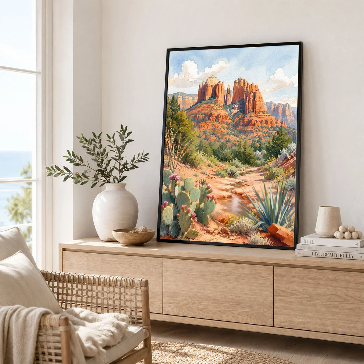 Sedona Cathedral Rock watercolour art print framed in a living room