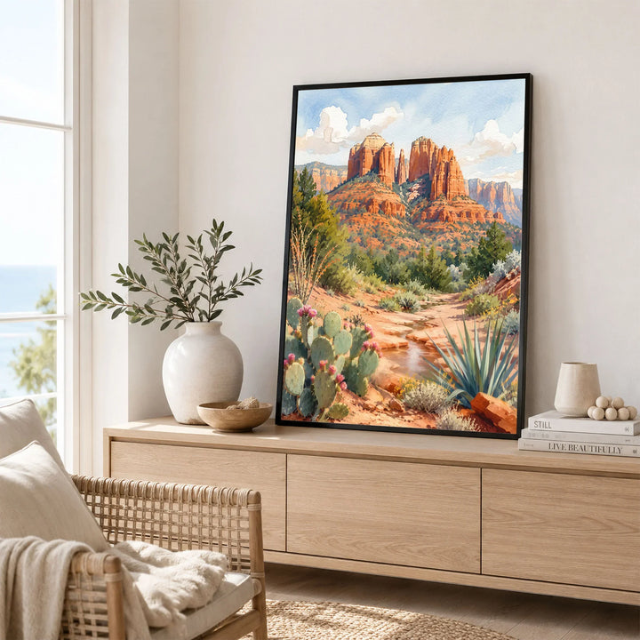 Sedona Cathedral Rock watercolour art print framed in a living room