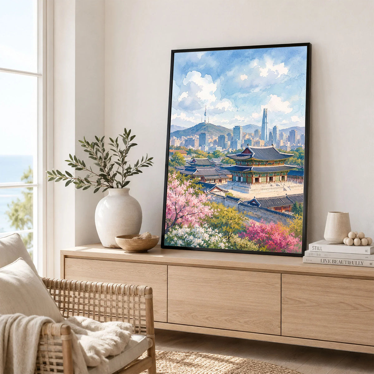 Seoul Gyeongbokgung Palace and skyline watercolour art print framed in a living room