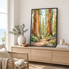 Sequoia National Park giant sequoias and forest trail watercolour art print framed in a living room