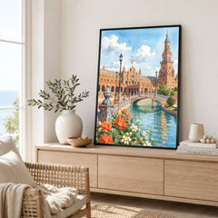 Seville Plaza de España watercolour art print framed in a living room