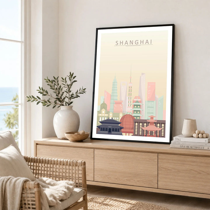Shanghai city skyline art print framed in a living room